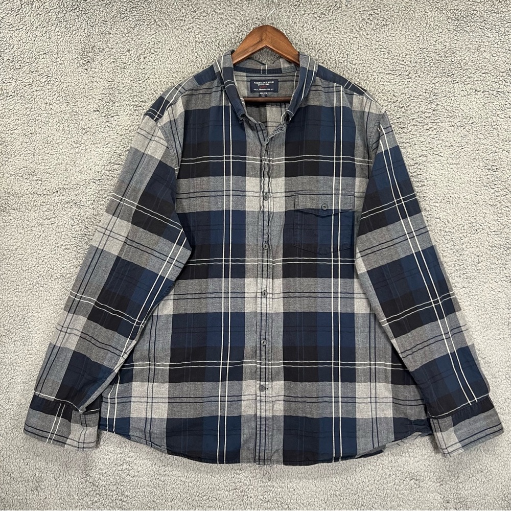 American Eagle Outfitters Button Shirt Blue Gray Plaid Slim Fit Men Size XXXL